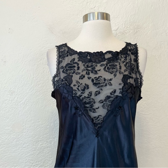 Vintage Slip Dress Black Satin Mesh Embroidered Goth Gothic Whimsigoth Small S - Picture 3 of 14